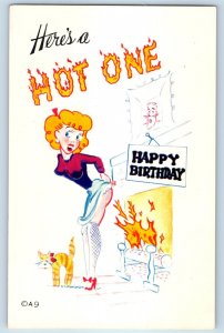 c1930's Risque Birthday Here's A Hot One Woman Fireplace Humor Postcard