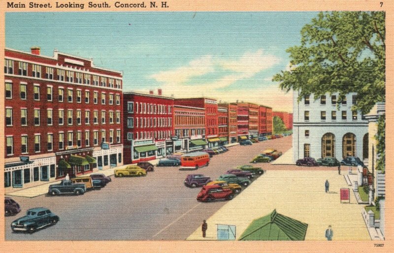 Vintage Postcard 1930's Main Street Looking South Concord New Hampshire NH