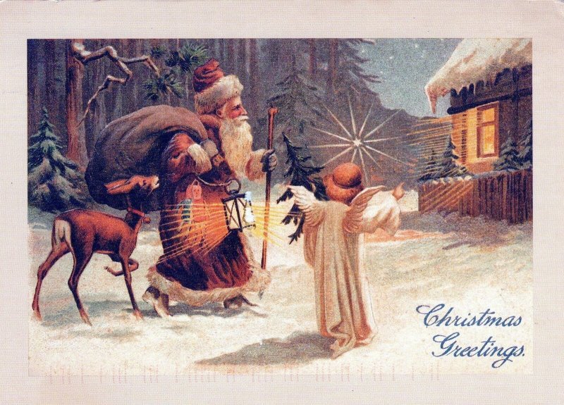 VINTAGE POSTCARD CONTINENTAL SIZE HALLMARK CHRISTMAS SANTA CLAUS ANGEL REINDEER