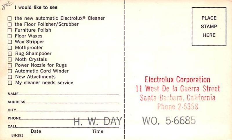 Advertising Post Card Electrolux Unused