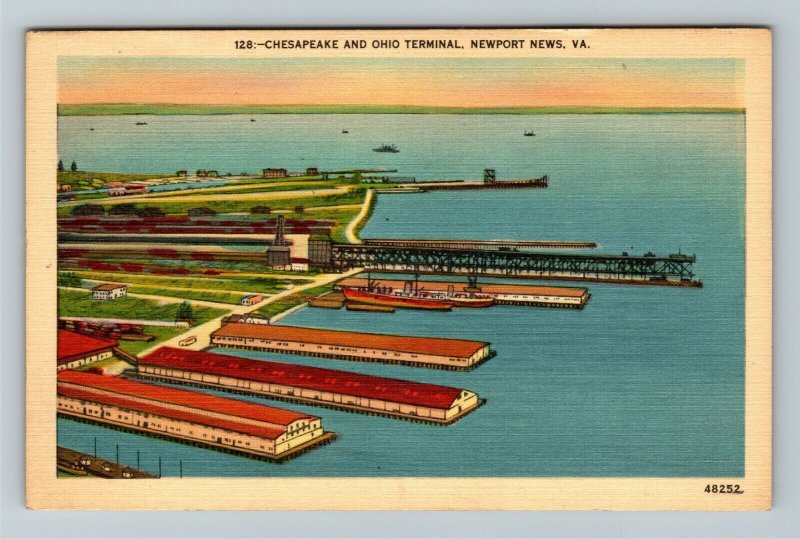 Newport News VA-Virginia, Chesapeake And Ohio Terminal, Ships, Linen Postcard