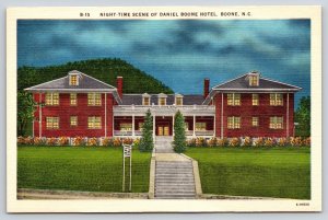Linen~North Carolina~Night Time Scene Of Daniel Boone Hotel Front~1940s Postcard