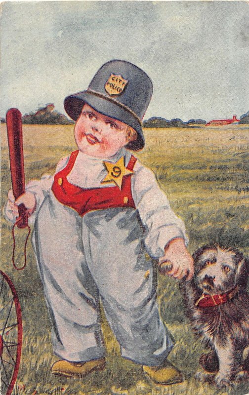 G76/ Pet Dog Animal Postcard Comic c1910 Boy Cop Police Club 17