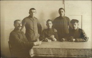 Men Playing Cards Game - German Military Jackets Hats Real Photo Postcard