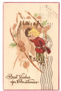 Best Wishes For Christmas, Child, Bird House, Vintage 1914 Greetings Postcard