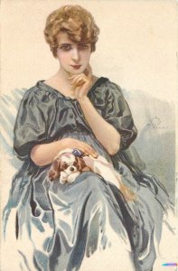 Postcard Terzi Fashion Woman dog Italy artist 1918 TP24-2596