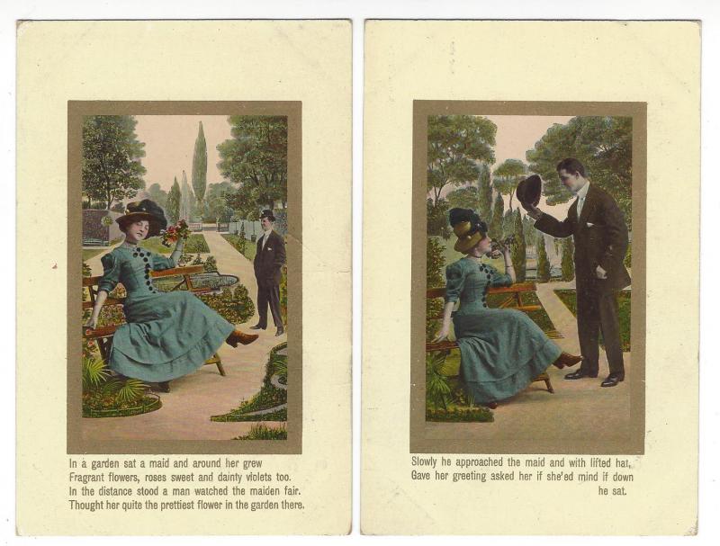 6 vintage cards. Theodor Eismann series 3035. Progress of a romance in the park