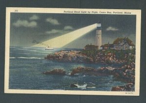 Ca 1924 Post Card Portland Me Head Lighthouse By Night Casco Bay
