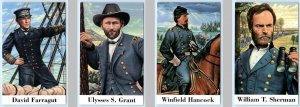 4 Postcards CIVIL WAR 1994 ~ Ulysses S. Grant, Sherman, Hancock, Farragut