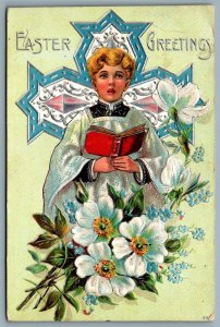 Postcard c1910 Easter Greetings Church Choir Boy Lillies Hymn Cross Embossed