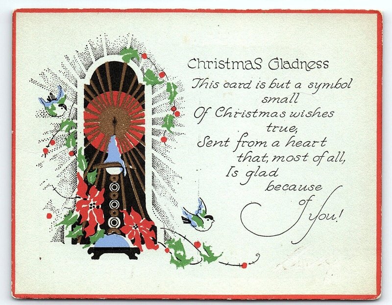 1930s CHRISTMAS GLADNESS CANDLELIGHT POINSIETTIA HOLLY BIRDS GREETING CARD Z1474