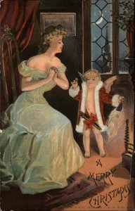 Christmas Little Angel Cupid Presents Ring to Beautiful Woman c1910 Postcard