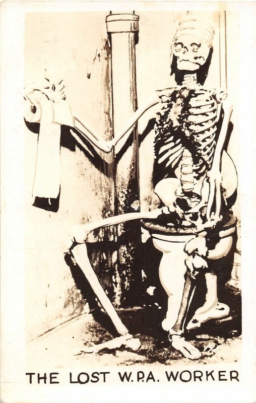 G58/ Interesting RPPC Postcard c1940 W.P.A. Worker Skeleton Comic 24