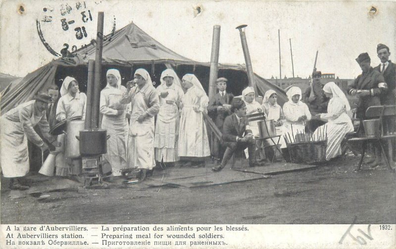 Red Cross sisters preparing meal for wounded soldiers at Aubervilliers station