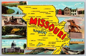 Maps~Missouri~Pony Express~Bagnell Dam~Kirksville~Rolla~Vintage Linen Postcard