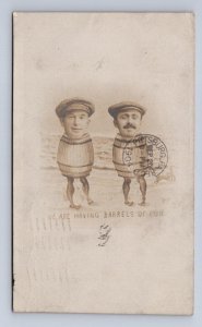RPPC BARRELS OF FUN POSTAGE DUE STAMP NEW JERSEY STUDIO REAL PHOTO POSTCARD 1904