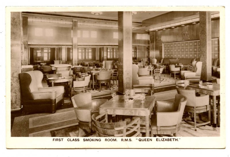 Cunard Line - RMS Queen Elizabeth,  First Class Smoking Room   *RPPC