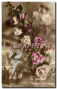 Old Postcard Fantasy I always think of you (militaria flower children)