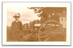 RPPC Woman Standing by Cannon Row Of Barracks UNP Postcard H18