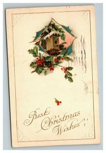 Vintage Early 1900's Christmas Postcard Embossed Mistletoe Bird House