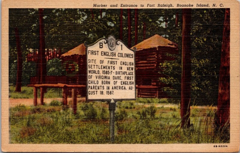 Vtg Roanoke Island North Carolina NC Marker Entrance Fort Raleigh 1940s Postcard