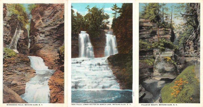 WATKINS GLEN, New York NY  MINNEHAHA & TWIN FALLS~PILLAR OF BEAUTY *3* Postcards