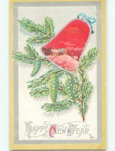 Pre-Linen new year WINTER SCENE ON BELL WITH PINE BRANCHES k5263