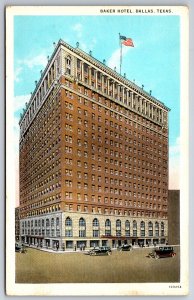 Dallas Texas~Baker Hotel Bldg Street View~US Flag~American Art~Vintage Postcard