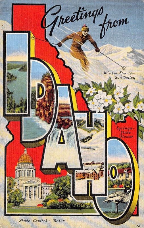 IDAHO 1948 Linen LARGE LETTER Greetings Postcard Skiing Sun Valley