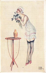 Beautiful Woman Flowers Artist Georges Léonnec, France Post Card