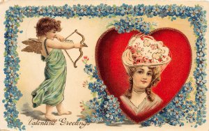 F38/ Valentine's Day Love Holiday Postcard c1914 Gold-Lined Cupid Woman 1