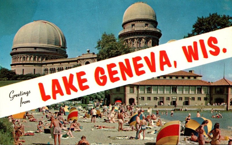 Wisconsin Greetings From Lake Geneva Showing Municipal Bathing Beach and Yerk...