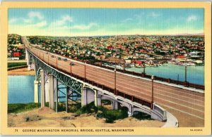 Linen Postcard George Washington Memorial Bridge Seattle w/ Old Cars