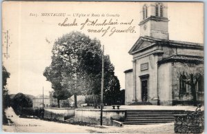 c1910s Montalieu France Eglise Postcard Church Route de Grenoble Librairie Basso