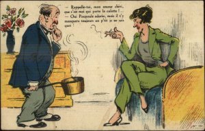 French Husband Wife Cuckhold? Woman Smoking Cigarette Comic Postcard