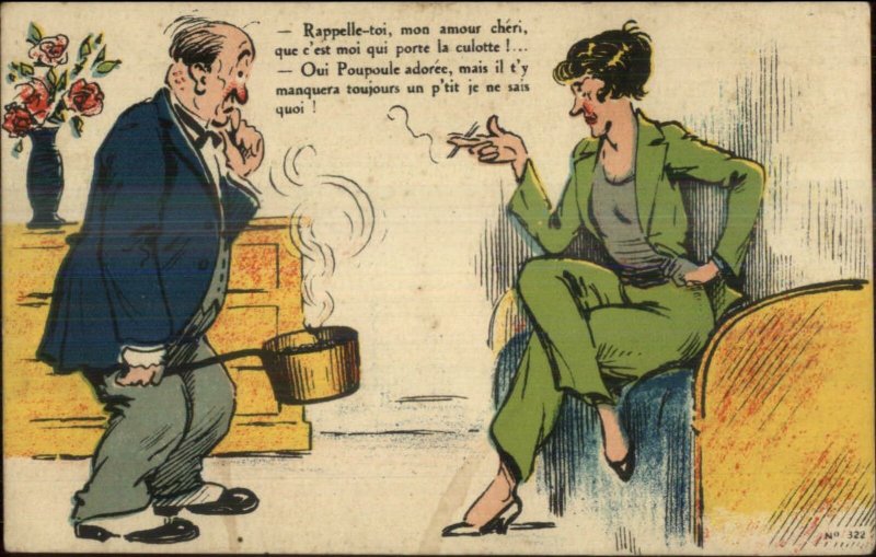 French Husband Wife Cuckhold? Woman Smoking Cigarette Comic Postcard