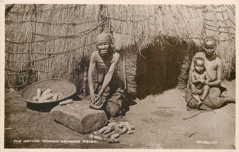 South Africa ethnic zulus zulu old native woman grinding maize photo postcard