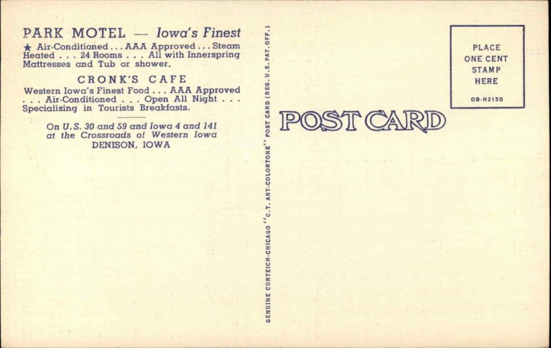 Denison Iowa IA Park Motel Cronk's Caf� Linen Vintage Postcard