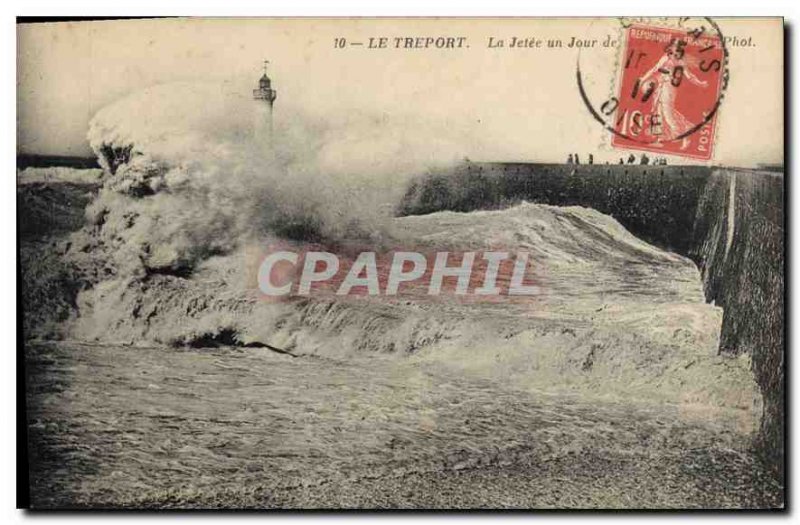 Postcard Old Treport la Jetee one day Tempete