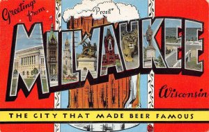 Large Letter: Greetings From Milwaukee, Wisconsin, Linen Postcard, Used in 1953