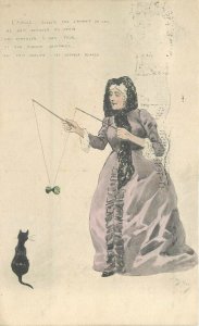 Postcard 1913 Black Cat diablo Yoyo game woman hand colored 23-11639