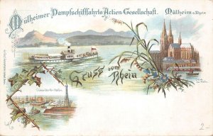 GRUSS AUS MULHEIM GERMANY NORTH RHINE SHIPS CHURCH POSTAL CARD POSTCARD (1890s)