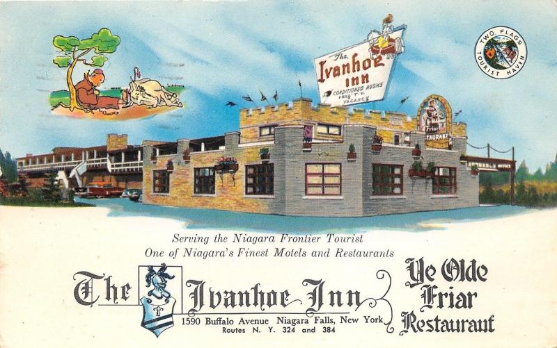 Niagara Falls New York~Ivanhoe Inn & Ye Olde Friar Restaurant~1961 Postcard