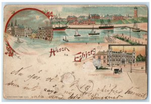 1902 Greetings from Esbjerg Denmark Torvet Steamboat Theatre Multiview Postcard
