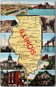 Illinois State Map Multi View Elgin, Castle Rock, Chicago, Park Vintage Postcard