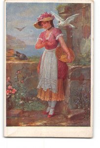 Artist Signed Postcard 1915-1930 Woman with Bird