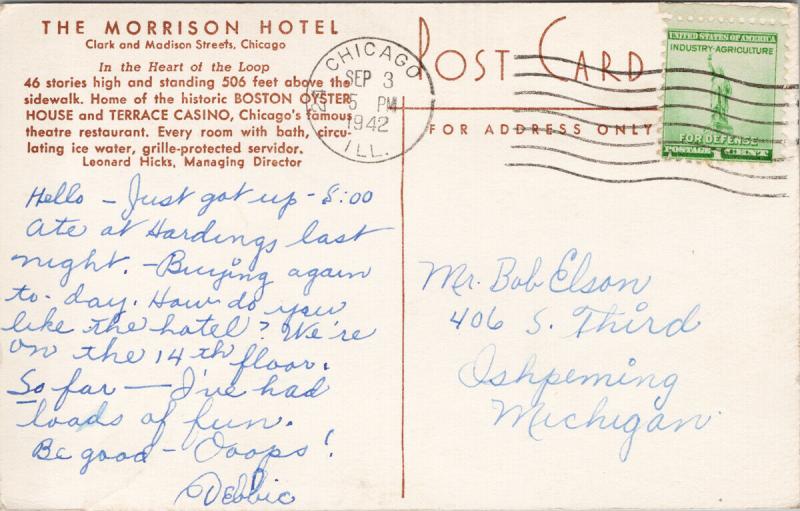 Morrison Hotel Chicago IL Illinois c1942 Postcard E47