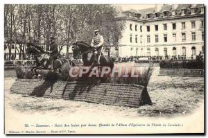 Old Postcard Equestrian Horse Jumping Saumur hedges by two