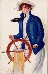 Young Woman Steering Boat Ship Sailing c1906 National Art Co. Postcard F71