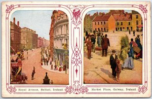 VINTAGE POSTCARD DUAL VIEW ANTIQUE BELFAST STREET SCENE & GALWAY MARKET IRELAND